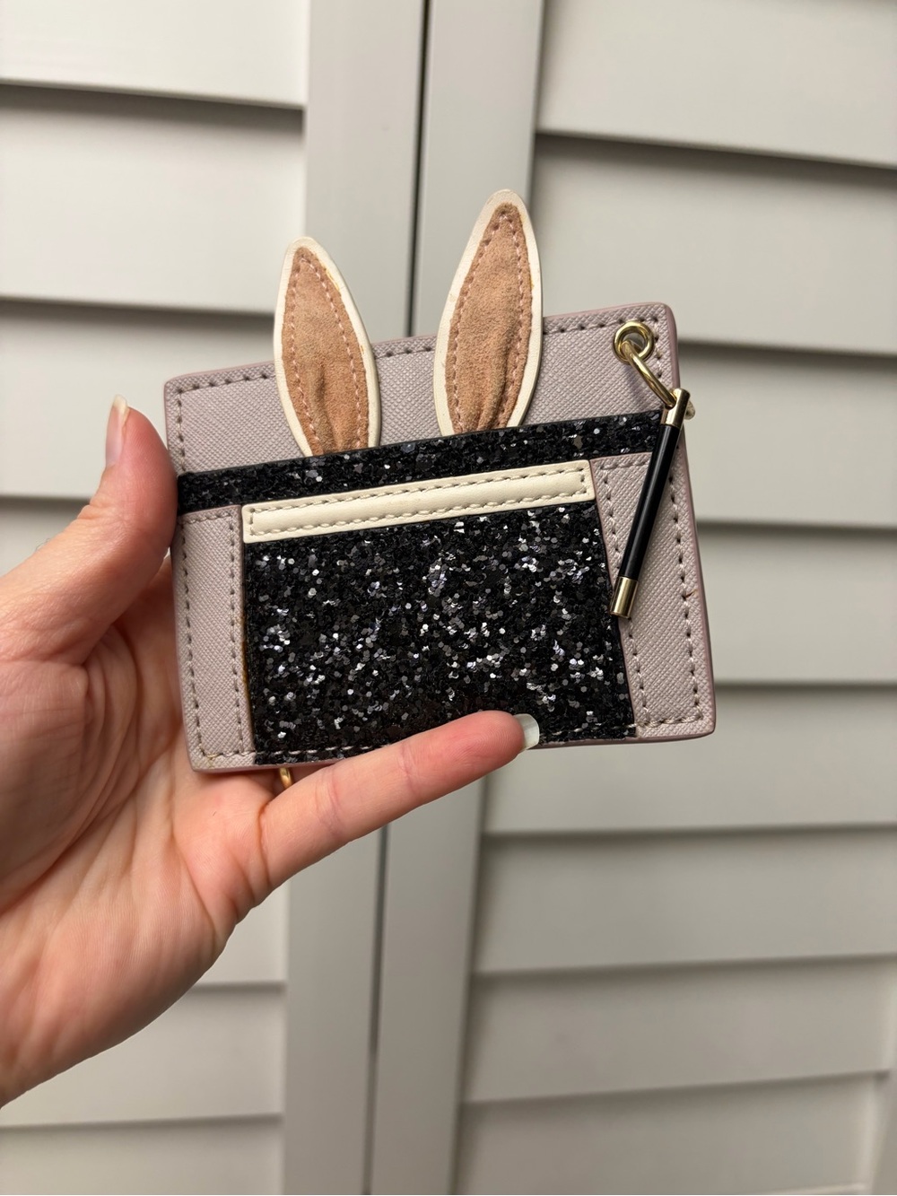 kate spade Bunny Ear Glitter Card Holder - Taupe, Black, Cream